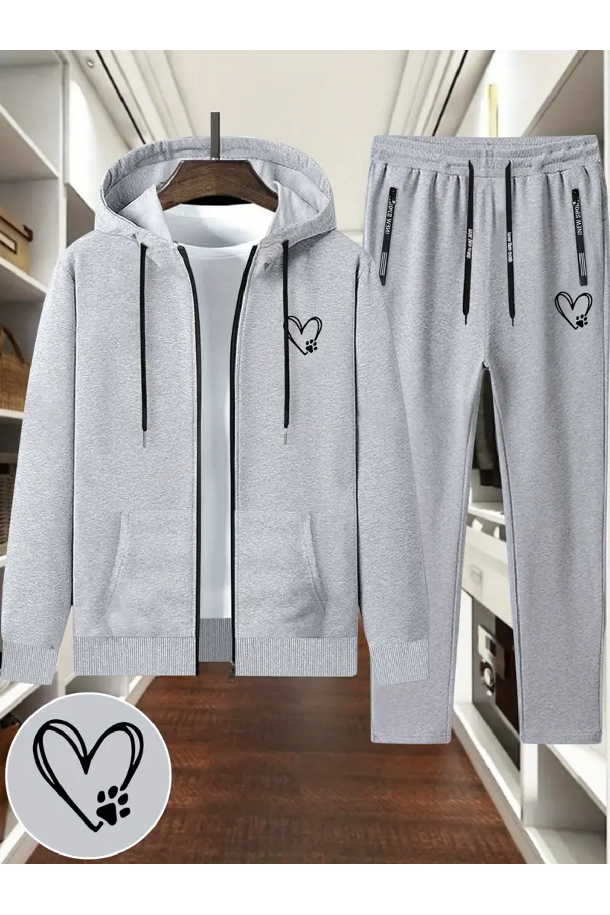Unisex Oversize Heart & Paw Hooded Zip Sweatshirt + Jogger Tracksuit - Grey
