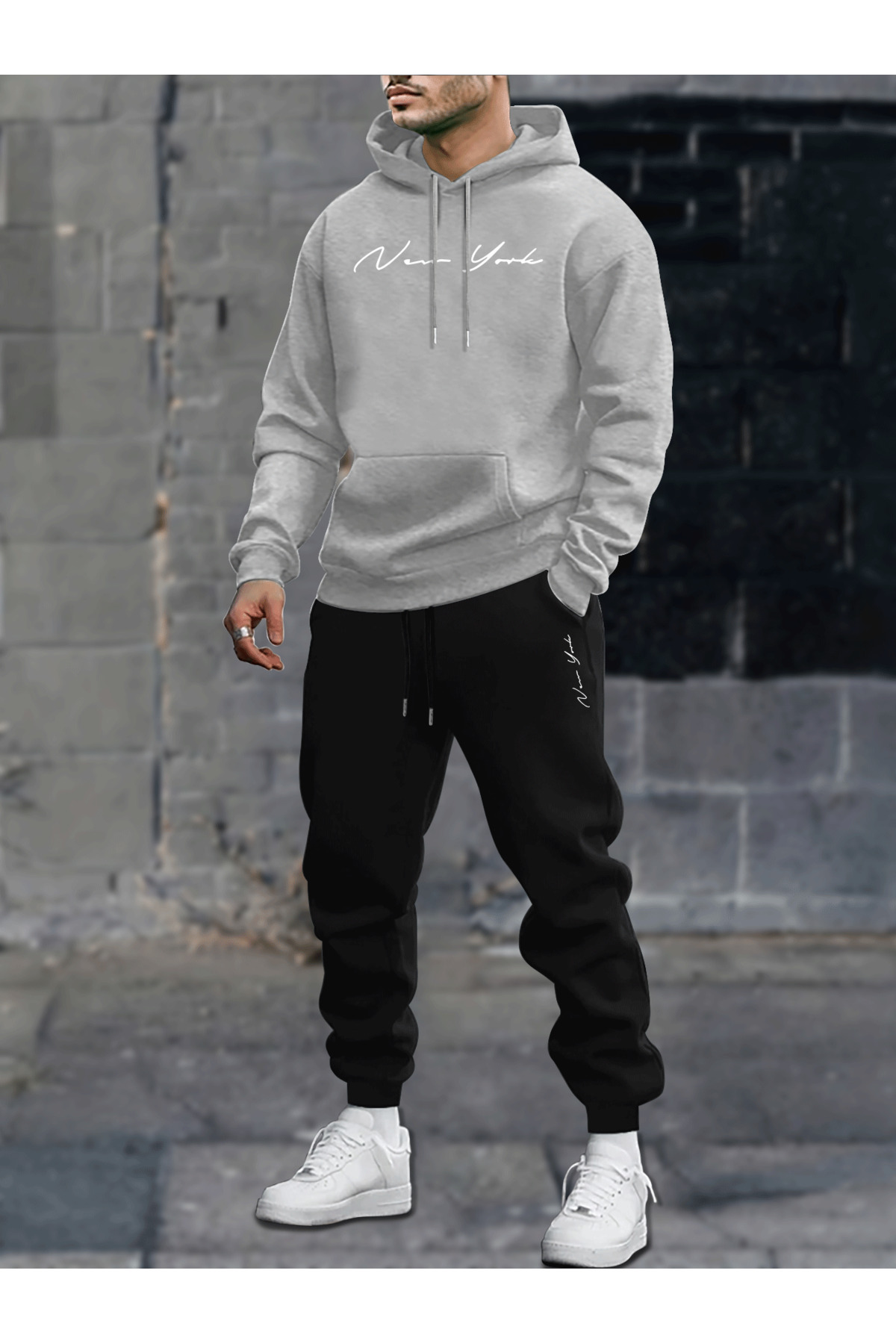 Unisex Oversize New York Lettering Hoodie & Jogger Tracksuit - Grey