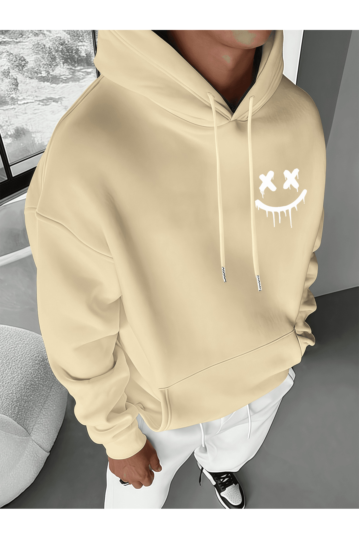 Unisex Oversize Kapüşonlu Sweatshirt Smile Face Desenli - Bej