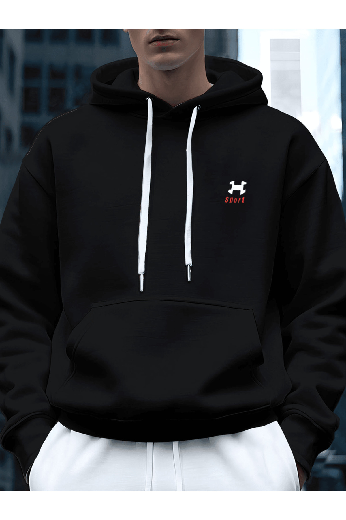 Unisex Oversize Kapüşonlu Sweatshirt Sport Logo Desenli - Siyah - görsel 2