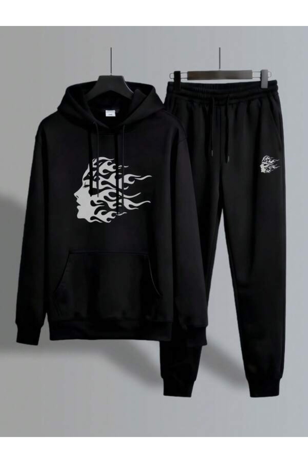 Flame Silhouette Print Unisex Tracksuit - Black