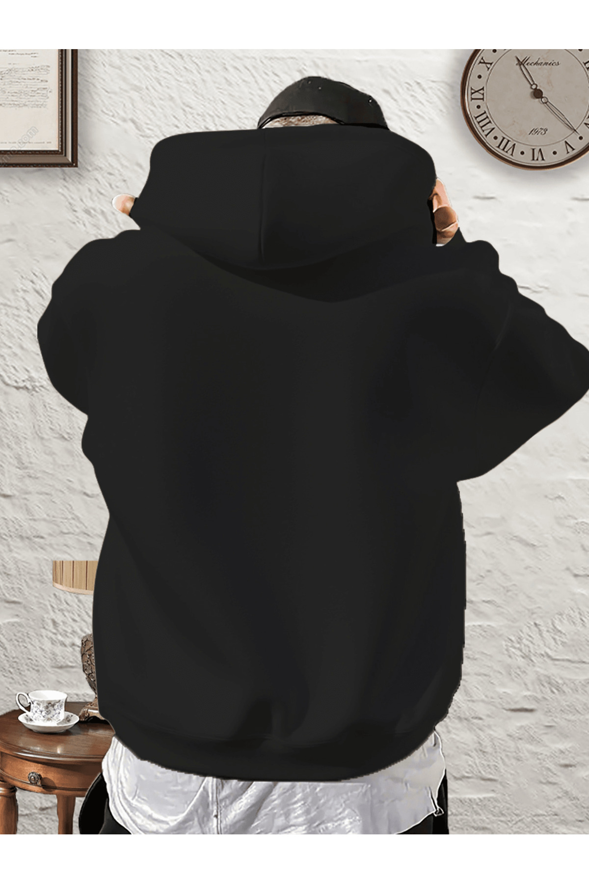 Unisex Oversize Kapüşonlu Sweatshirt Üç Çizgi Desenli - Siyah - görsel 2