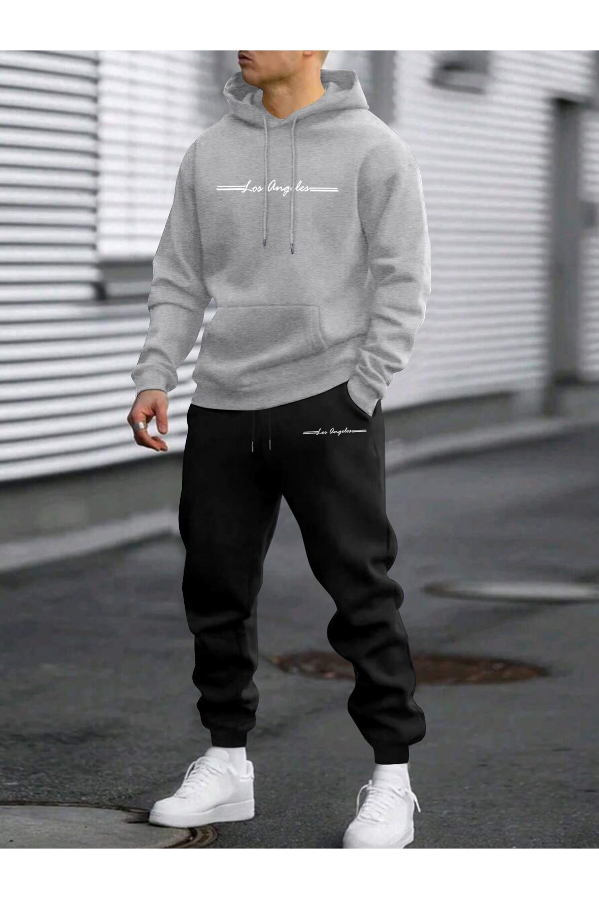 Unisex Oversize Los Angeles Hoodie & Jogger Eşofman Altı Takımı - Gri