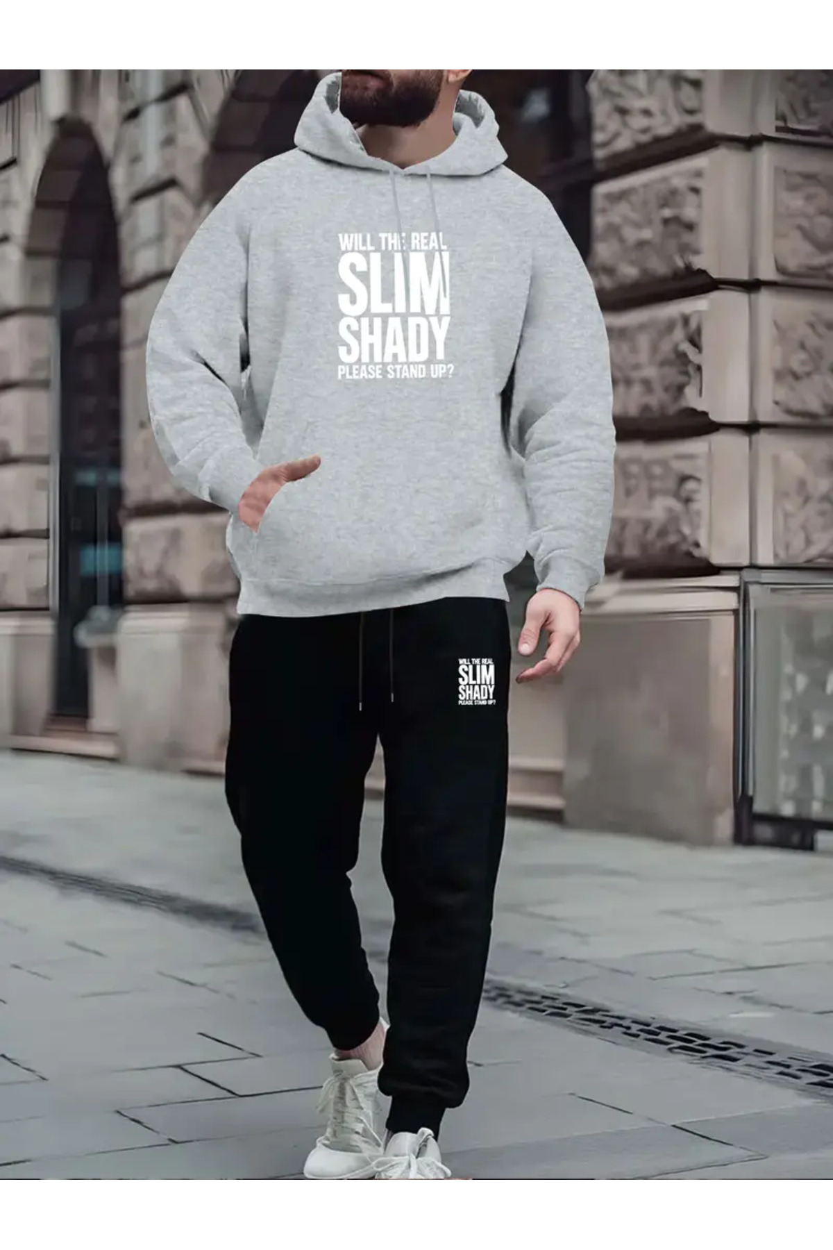 Slim Shady Print Fleece-Lined Unisex Tracksuit - Grey
