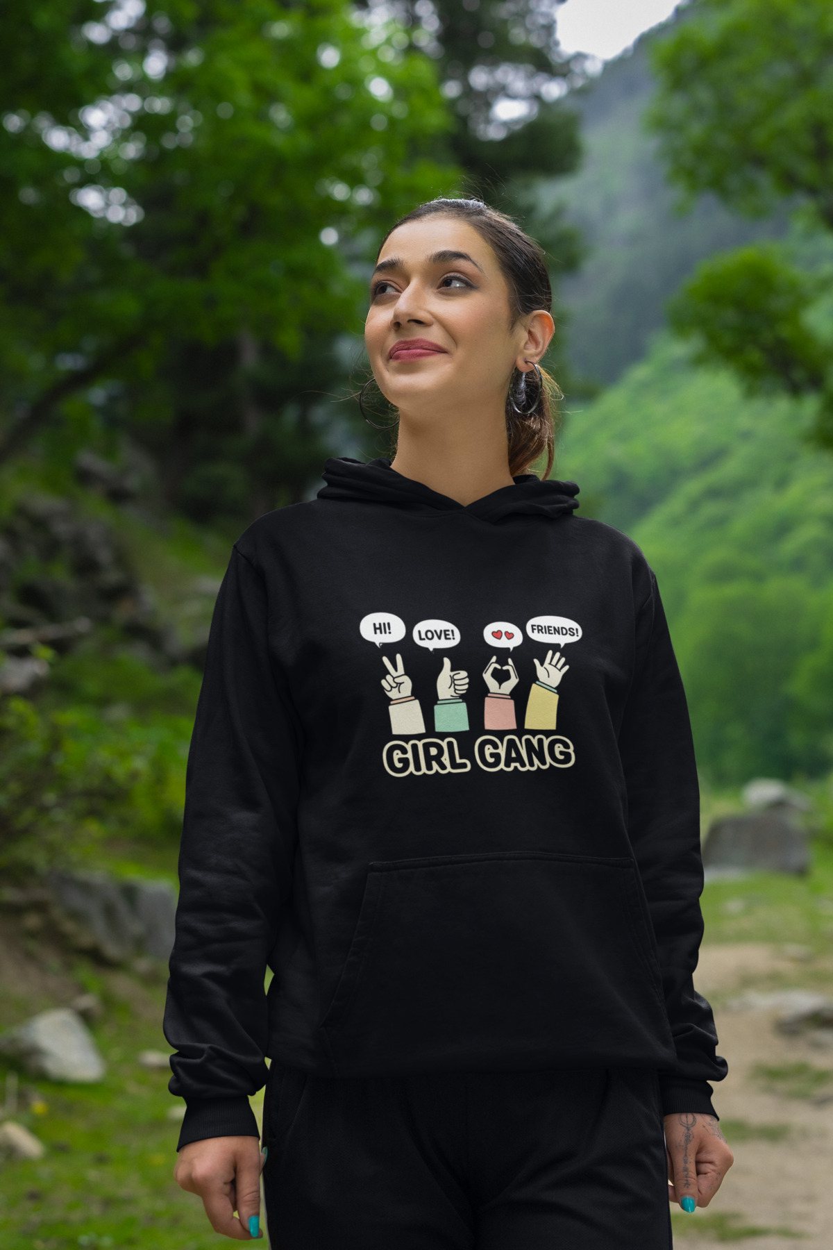 Peak Comfort! Relaxed-Fit Sweatshirt Hoodie with a Positive Print - Black - image 3