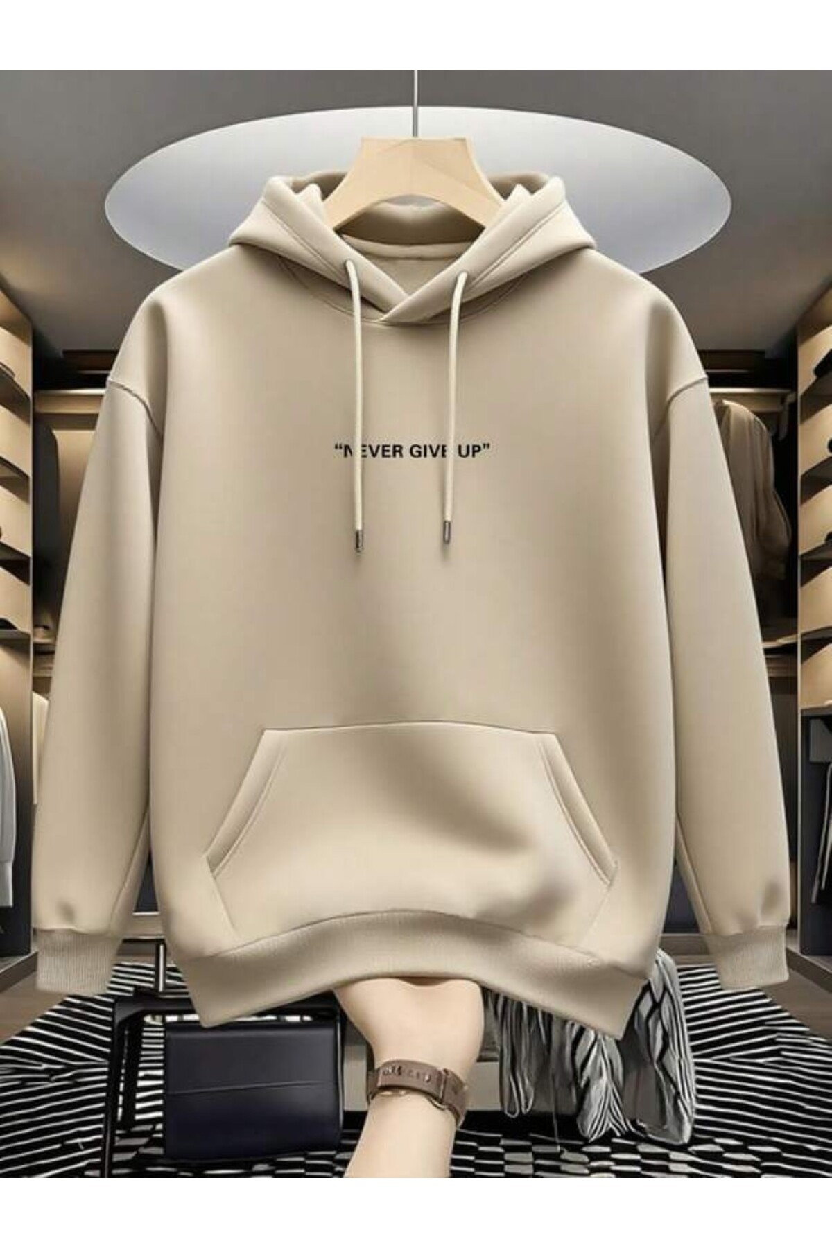 Minimal Never Give Up Baskılı Unisex Hoodie - Bej