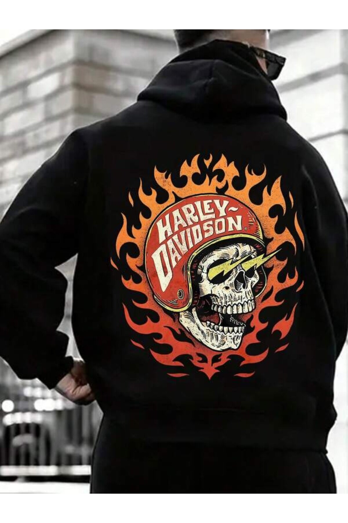Flaming Skull Print Unisex Hooded Sweatshirt - Black
