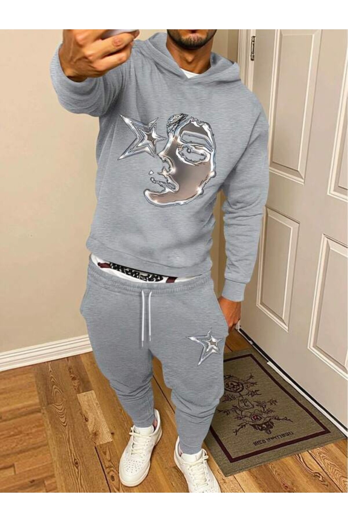 Chrome Star & Face Print Unisex Tracksuit - Grey