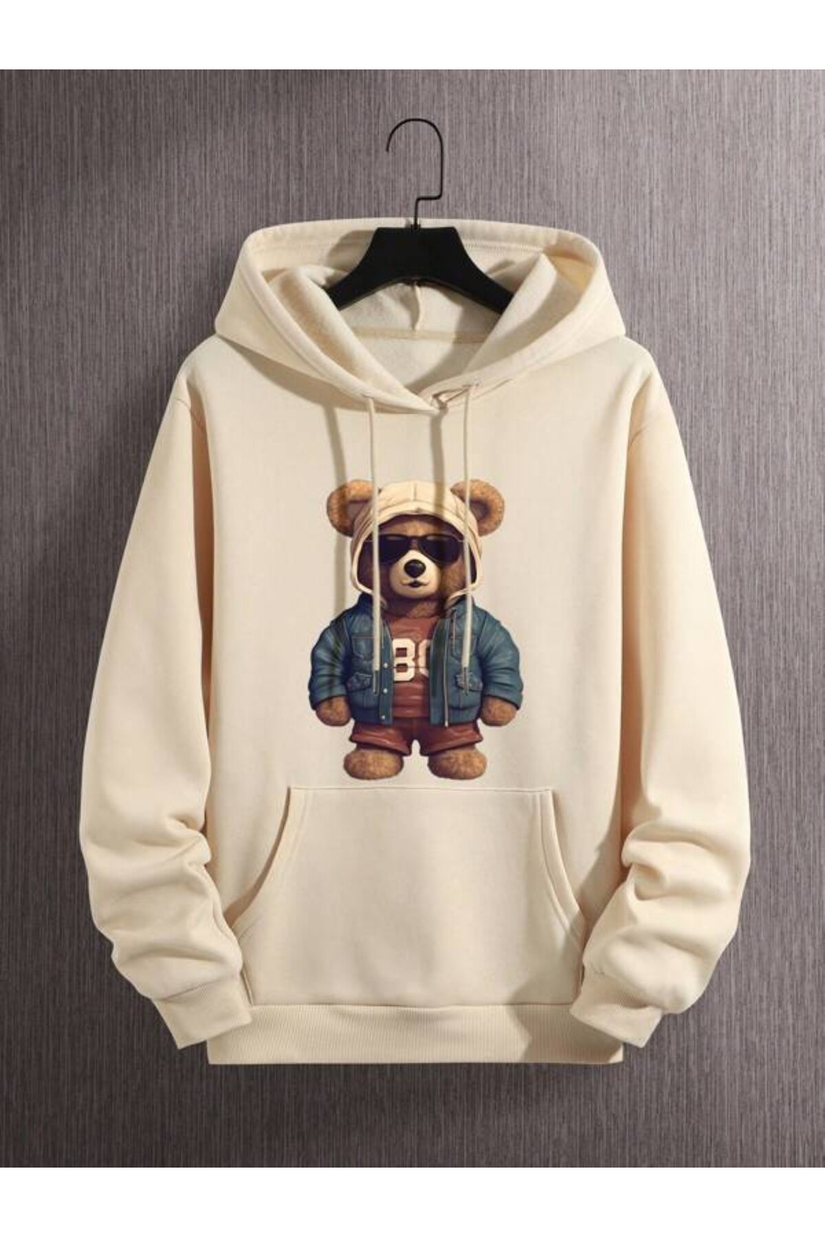 Ayıcılı Baskılı Unisex Kapüşonlu Sweatshirt - Bej