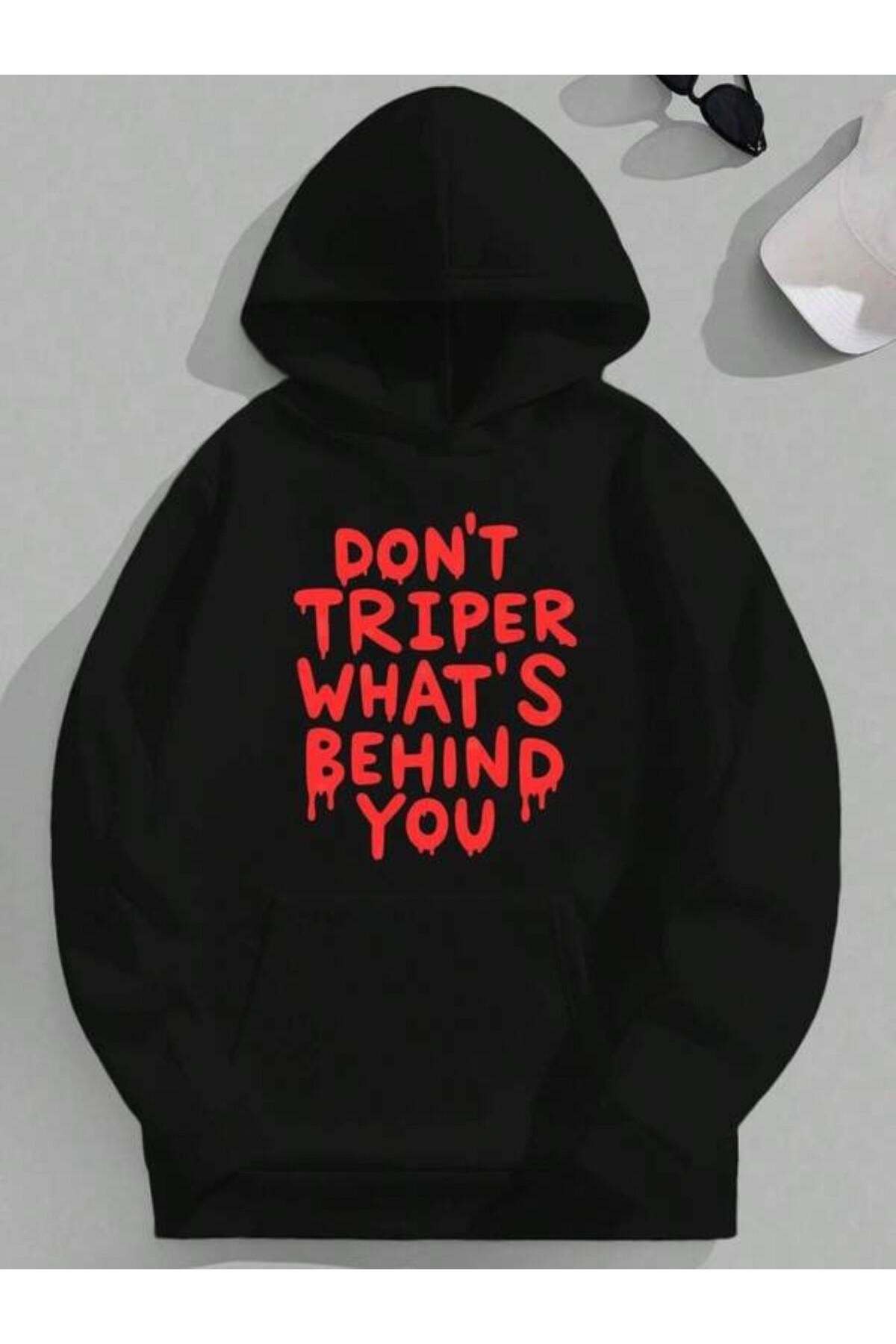 Korku Temalı Yazı Baskılı Unisex Kapüşonlu Sweatshirt - Siyah