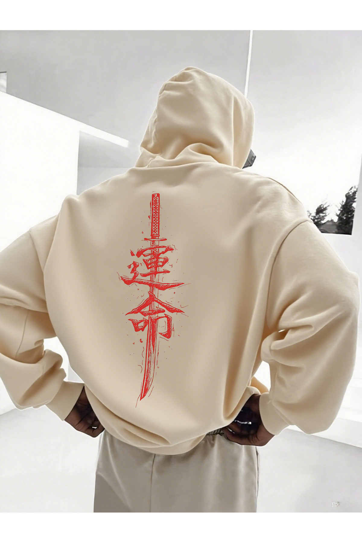 Katana Baskılı Unisex Siyah Oversize Kapüşonlu Sweatshirt Hoodie - Bej