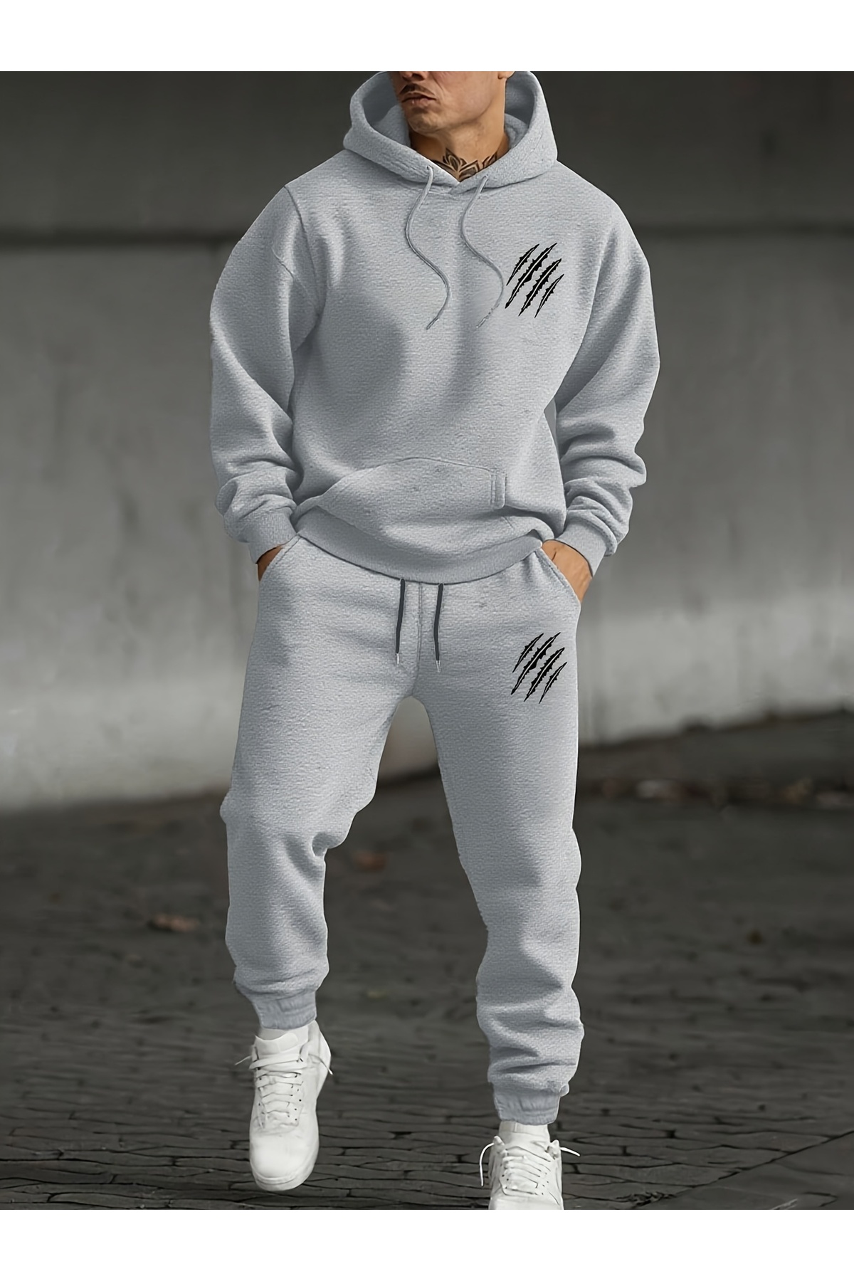 Unisex Oversize Hoodie & Jogger Tracksuit with Paw Pattern - Grey