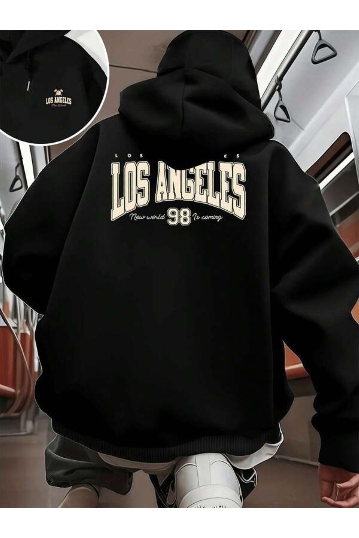 Los Angeles Baskılı Unisex Kapüşonlu Sweatshirt - Siyah