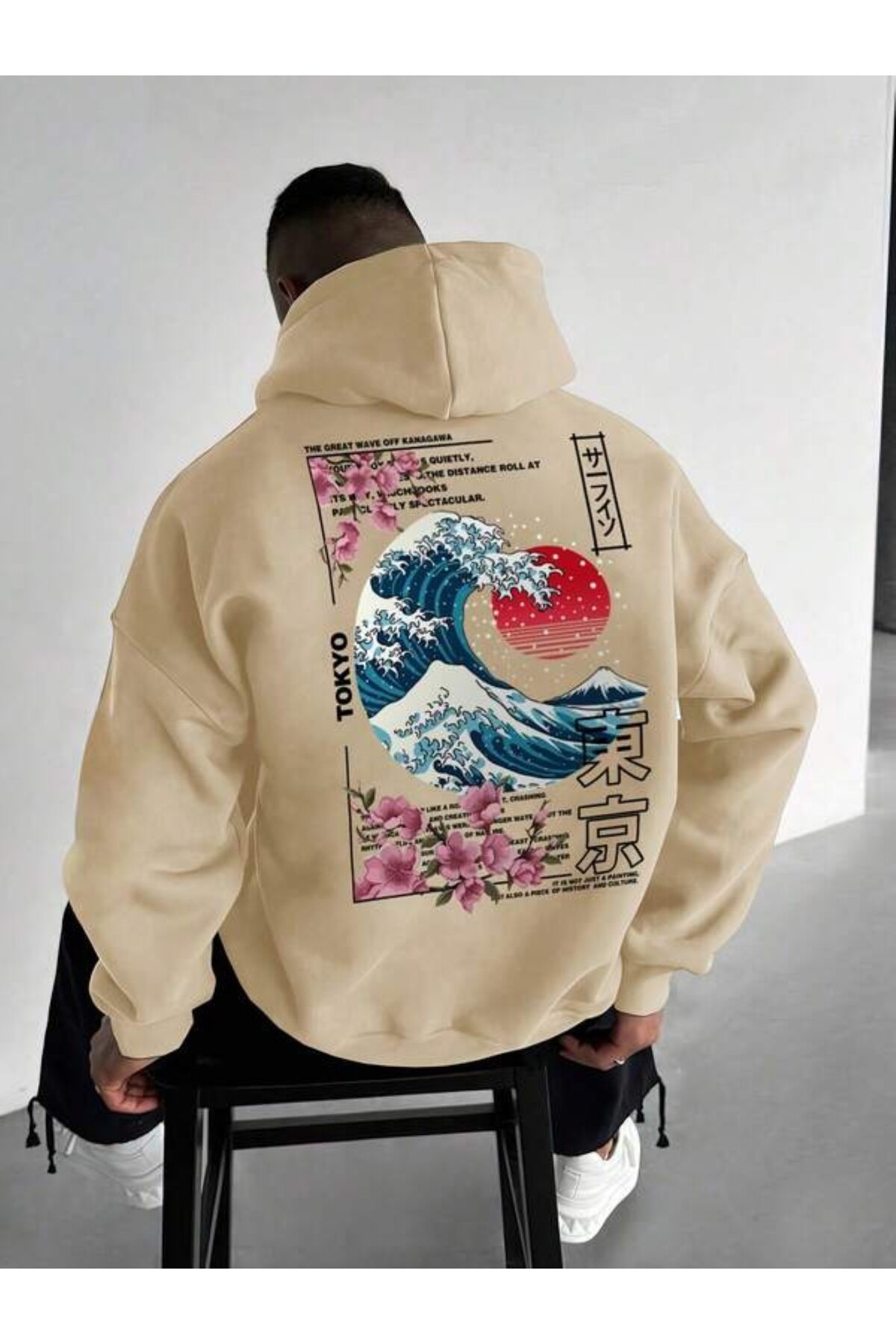 Japon Dalgası Baskılı Unisex Kapüşonlu Sweatshirt - Bej - görsel 1