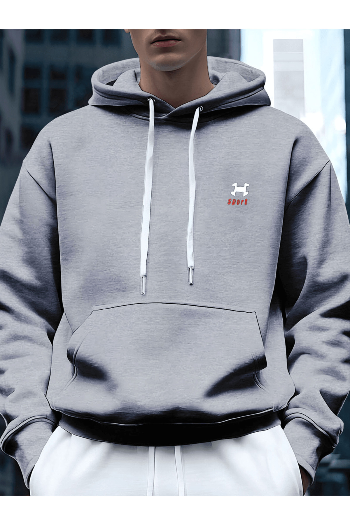 Unisex Oversize Kapüşonlu Sweatshirt Sport Logo Desenli - Gri - görsel 2