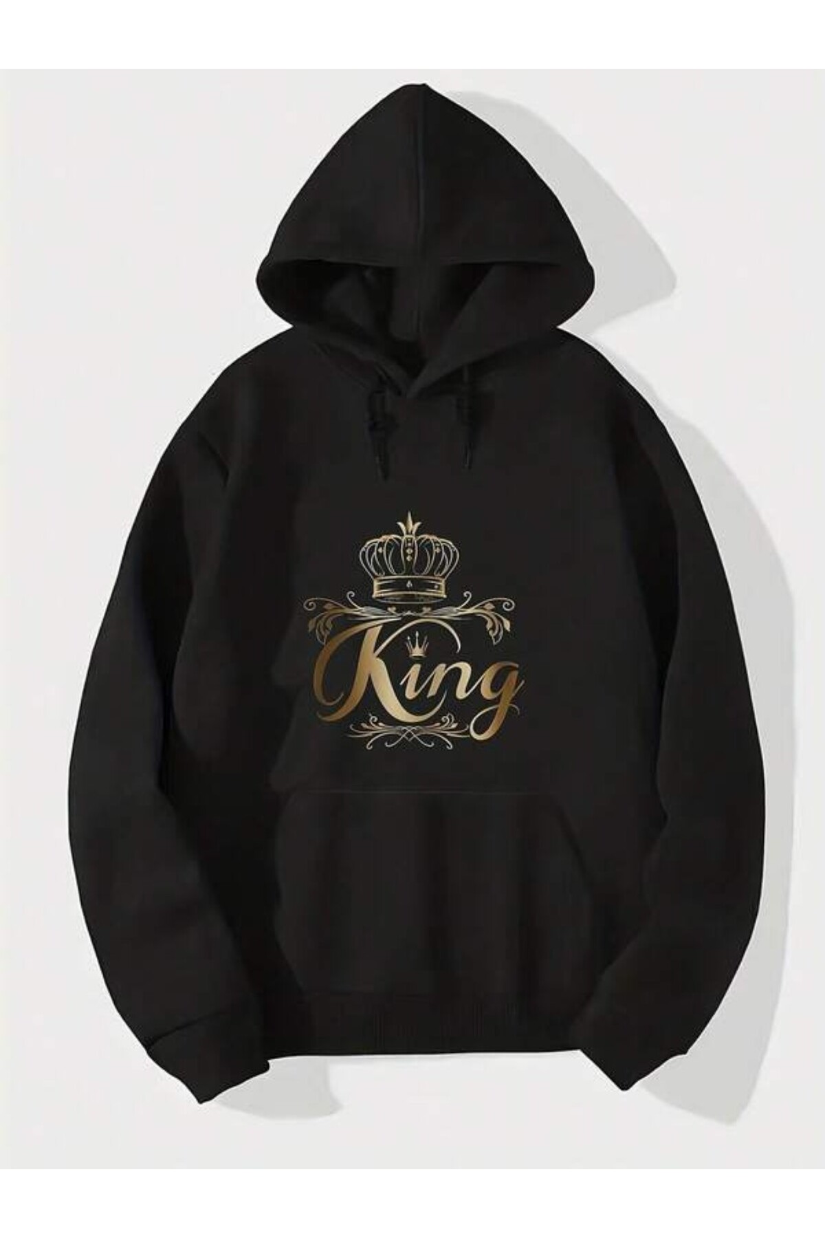 سويت شيرت بقبعة للجنسين بطبعة King والتاج - أسود - الصورة 1