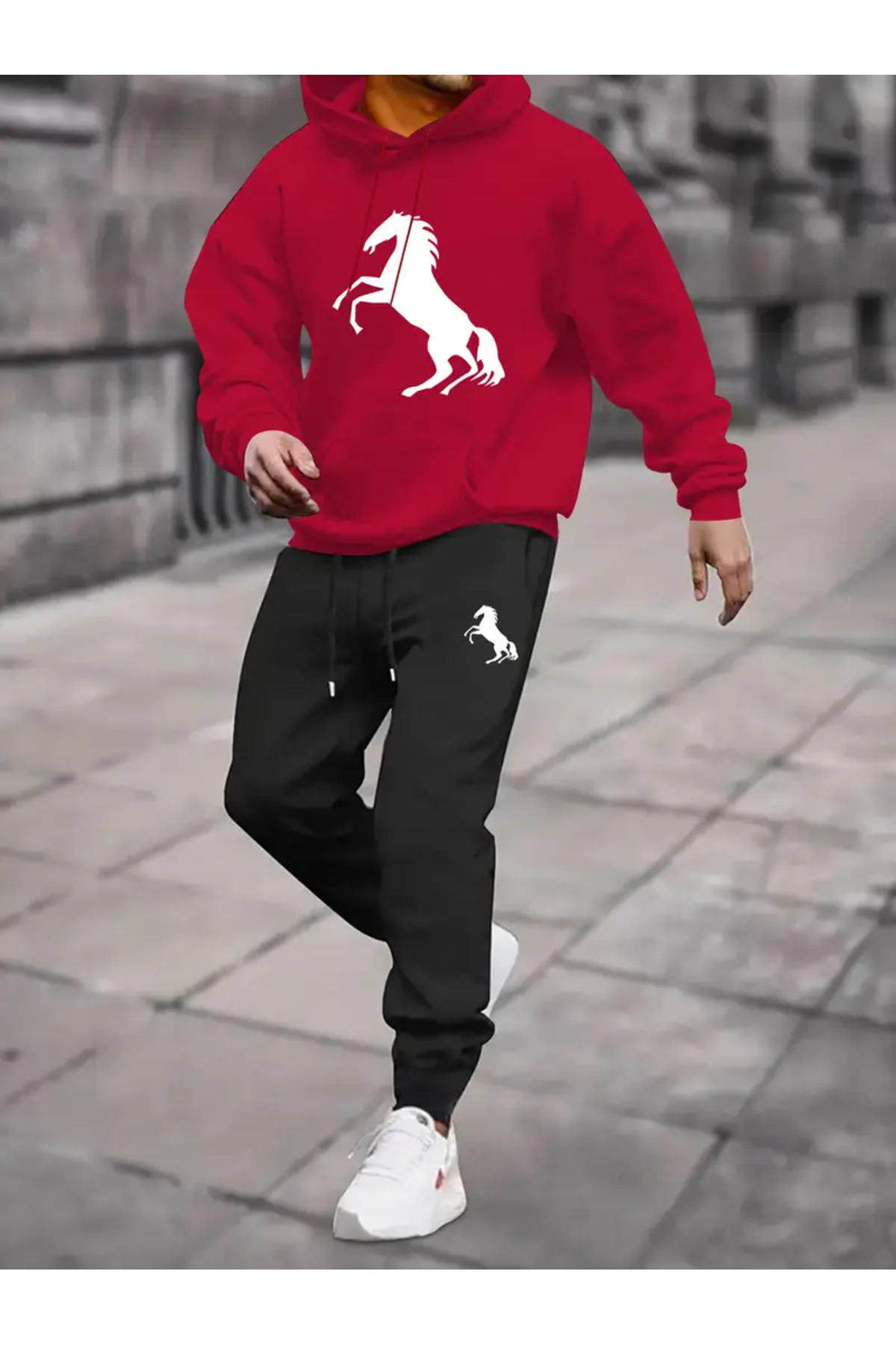Horse Print Fleece-Lined Unisex Tracksuit - Red