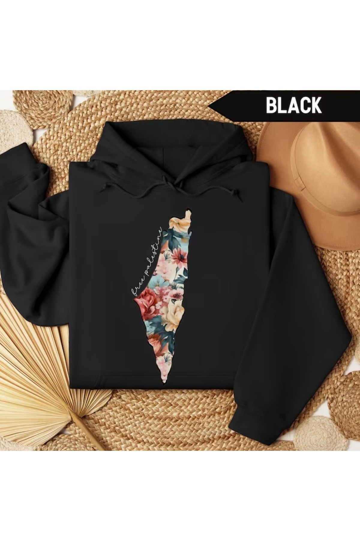 Floral Palestine Map Print Unisex Hooded Sweatshirt - Black