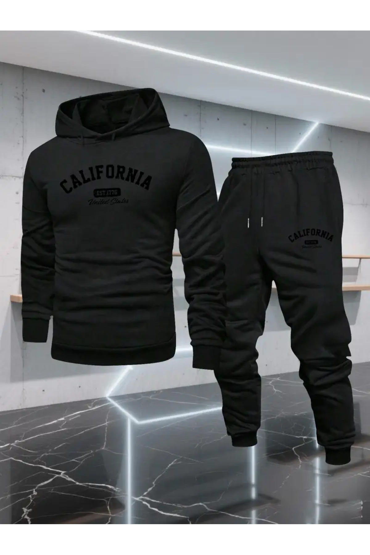 California Print Hooded Fleece Unisex Tracksuit - Black