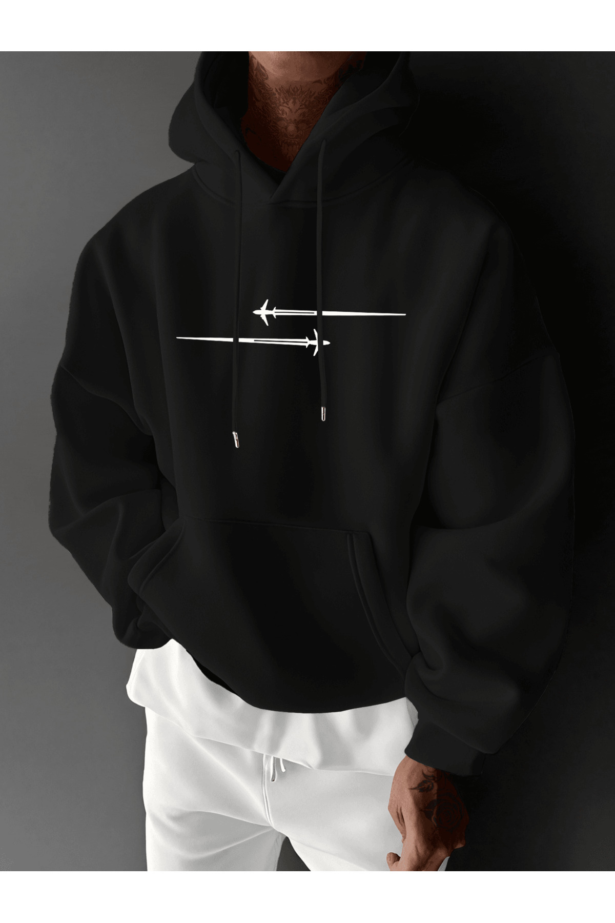 Unisex Oversize Kapüşonlu Sweatshirt Uçak Desenli - Siyah - görsel 1
