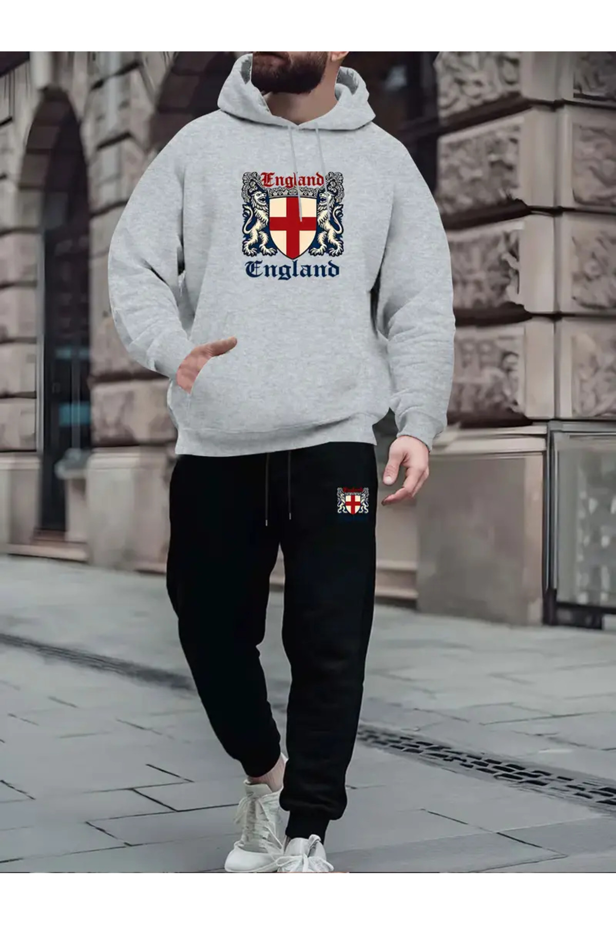 Unisex Oversize England Crest Print Hoodie & Jogger Tracksuit - Grey