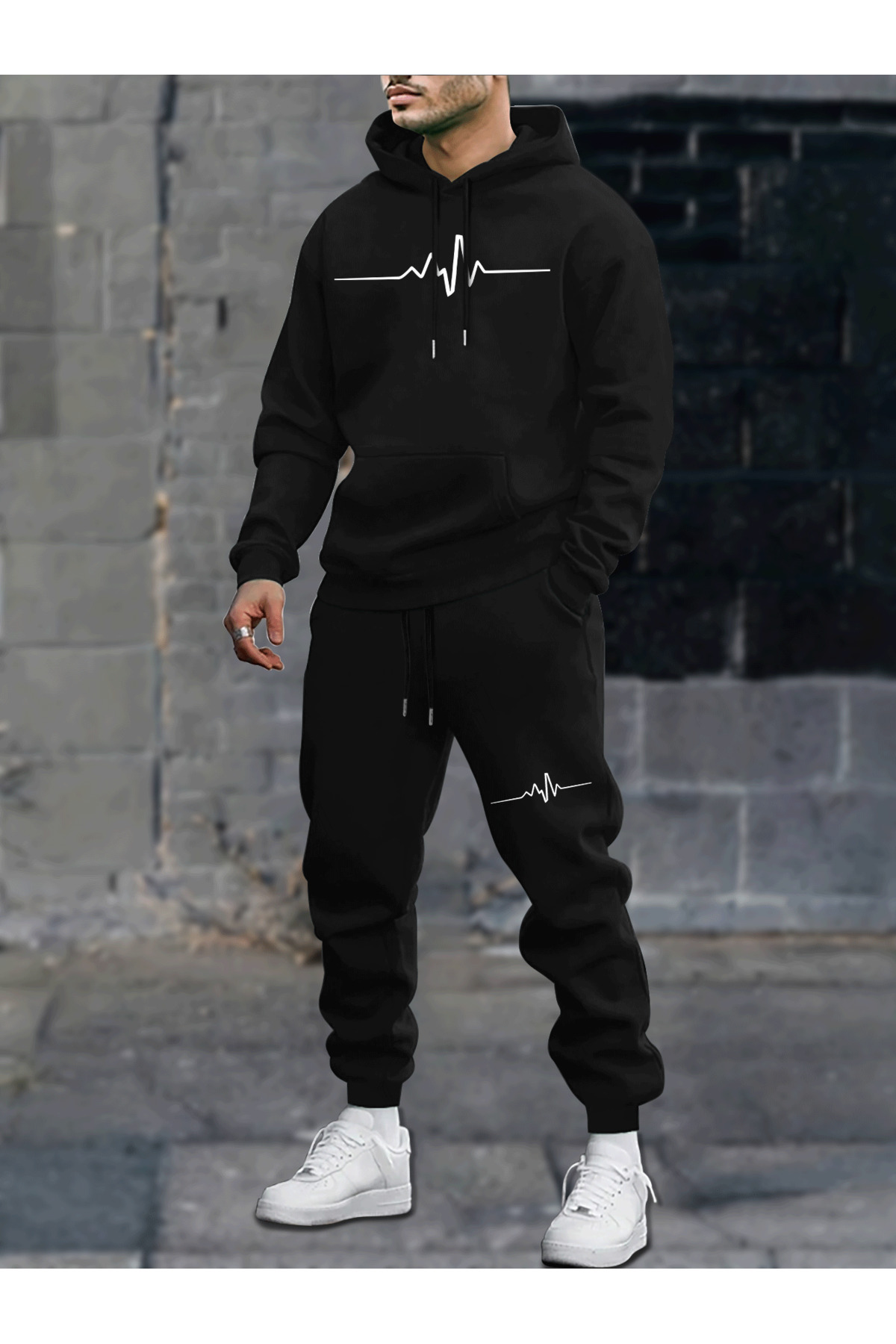 Unisex Oversize Hoodie & Jogger Tracksuit with Heartbeat Pattern - Black