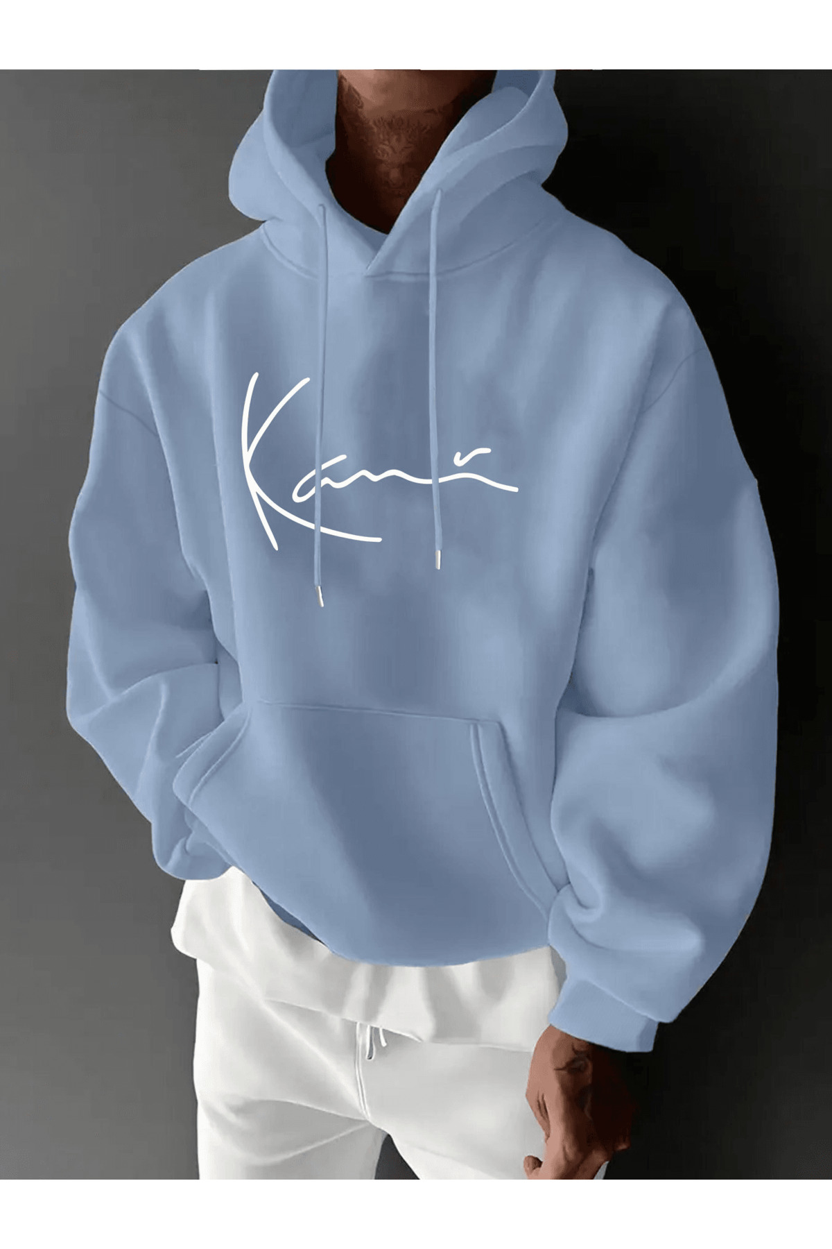 Unisex Oversize Kapüşonlu Sweatshirt Kame Yazılı - Mavi - görsel 1