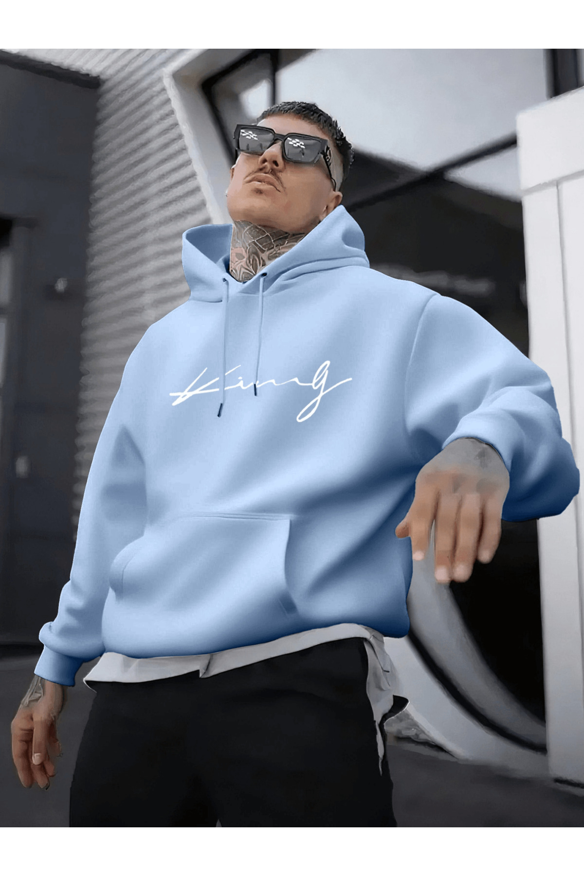Unisex Oversize Kapüşonlu Sweatshirt King Yazılı - Mavi