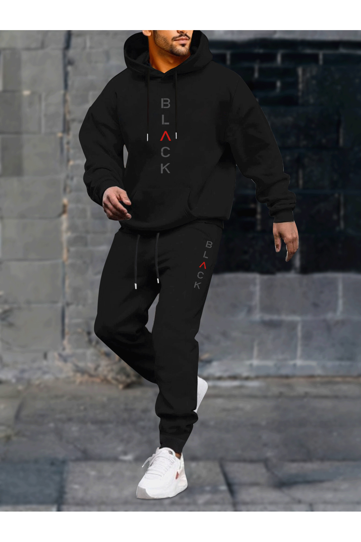 Unisex Oversize BLACK Lettering Hoodie & Jogger Tracksuit - Black
