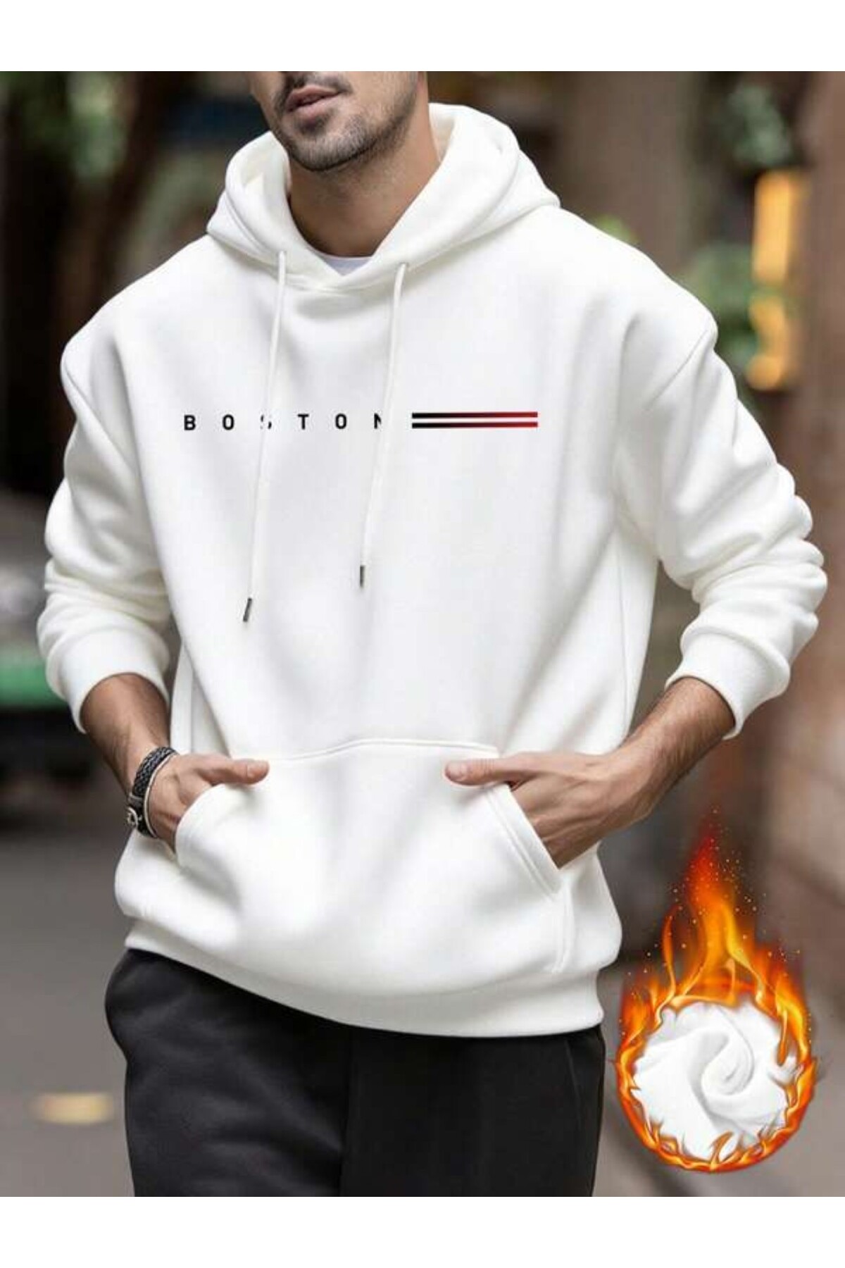 Boston Minimal Baskılı Unisex Kapüşonlu Sweatshirt - Beyaz
