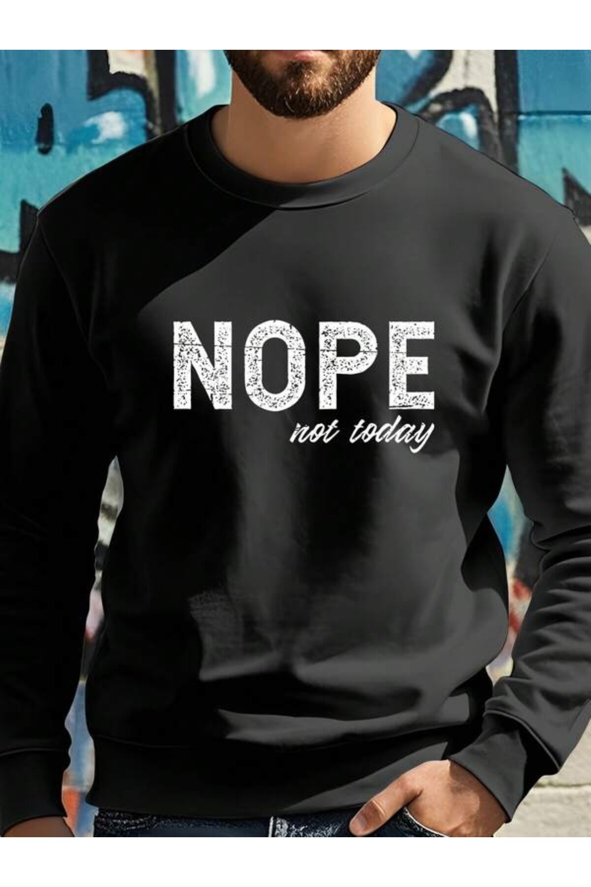Nope Yazı Baskılı Unisex Sweatshirt - Siyah