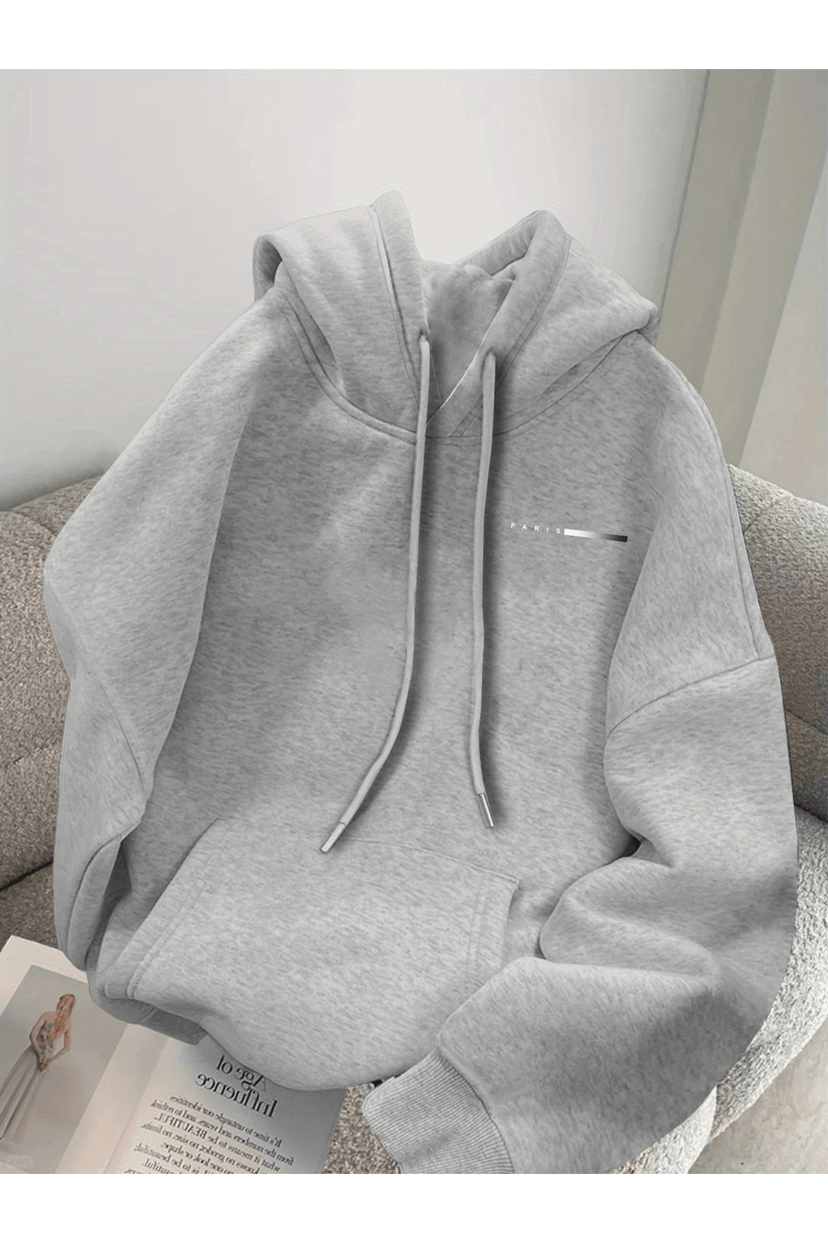 Unisex Oversize Kapüşonlu Sweatshirt Paris Yazılı - Gri