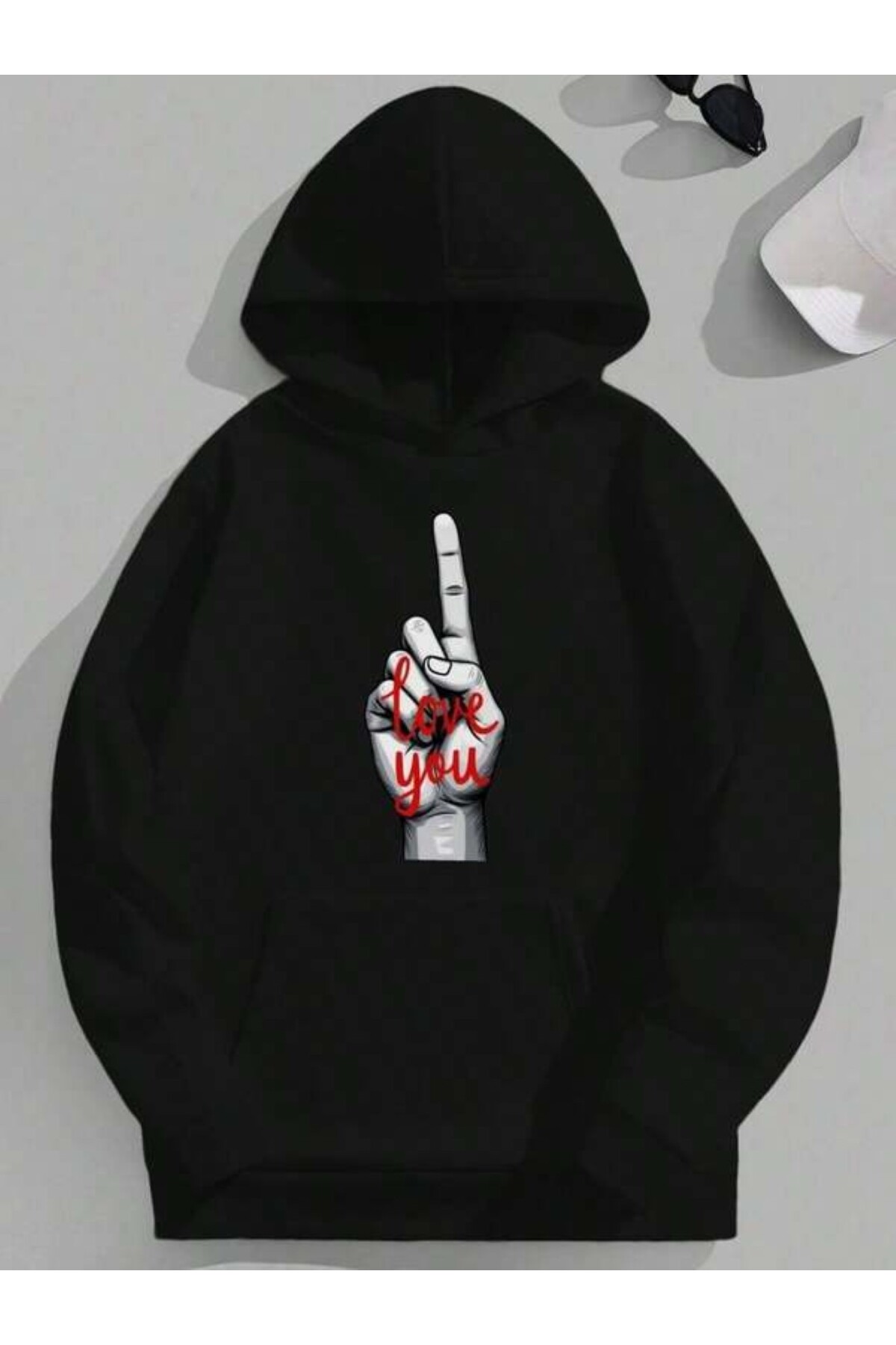 Love You El İşareti Baskılı Unisex Kapüşonlu Sweatshirt - Siyah
