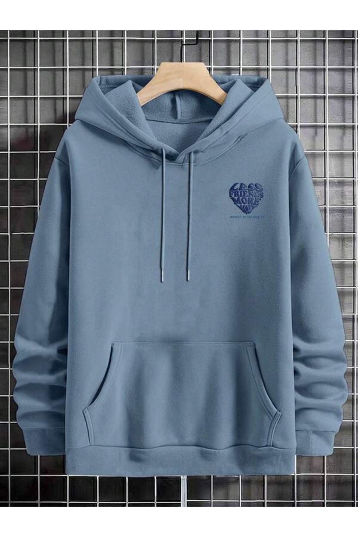 Less Friends More Money Yazı Baskılı Unisex Kapüşonlu Sweatshirt - Mavi - görsel 2