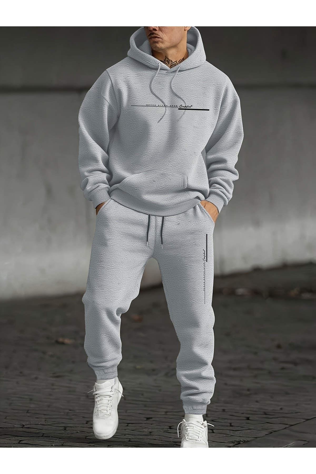 Asla Pes Etme Baskılı Erkek Oversize Hoodie & Jogger Eşofman Takım - Gri