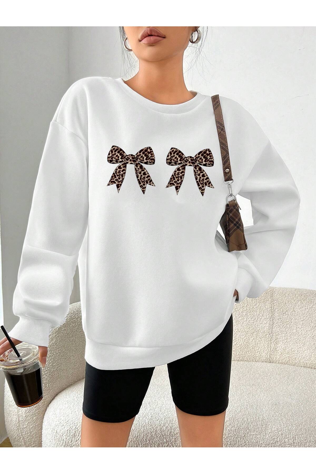 Baskılı Yaka Sweatshirt - Beyaz