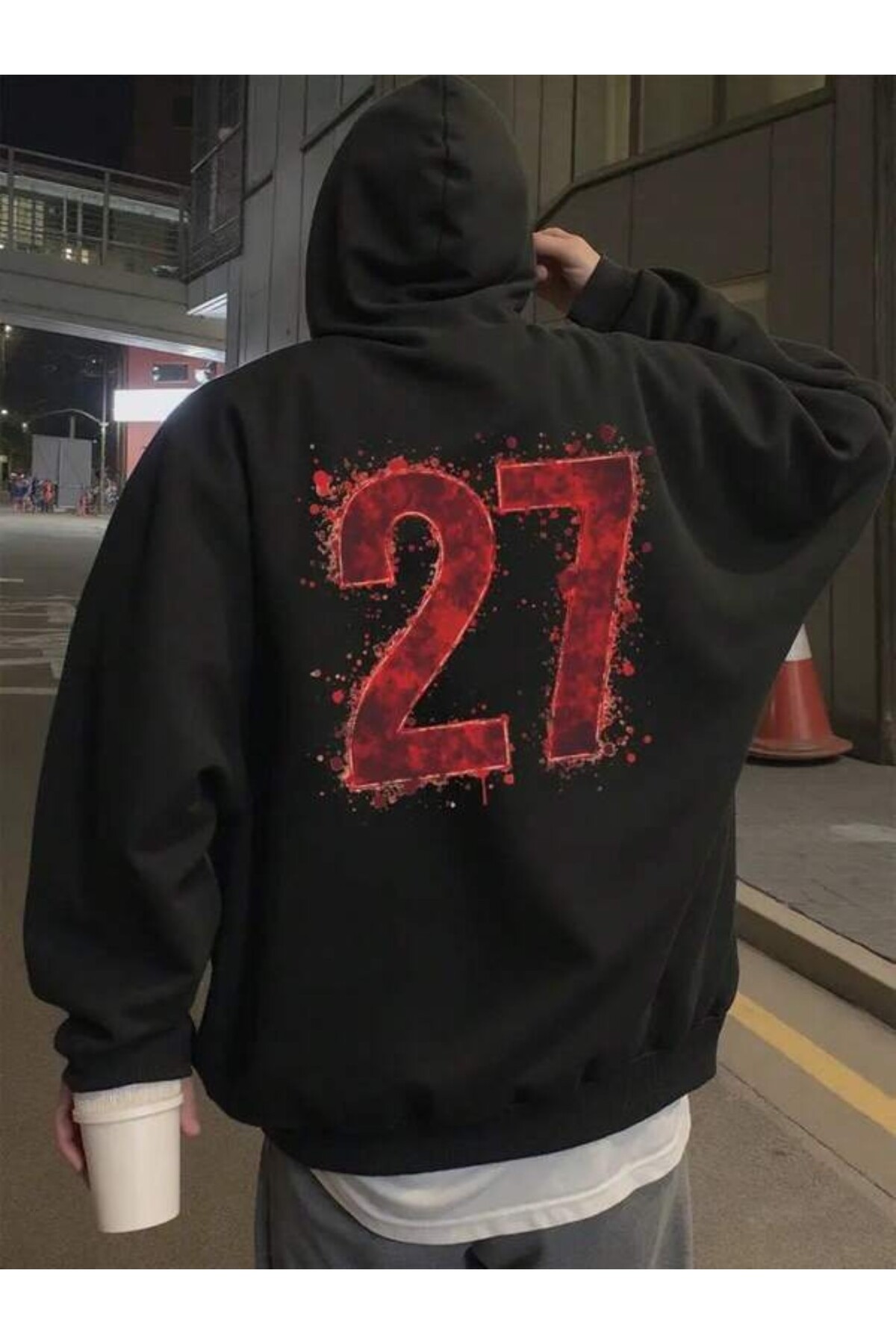 Kırmızı 27 Baskılı Unisex Kapüşonlu Sweatshirt - Siyah - görsel 1