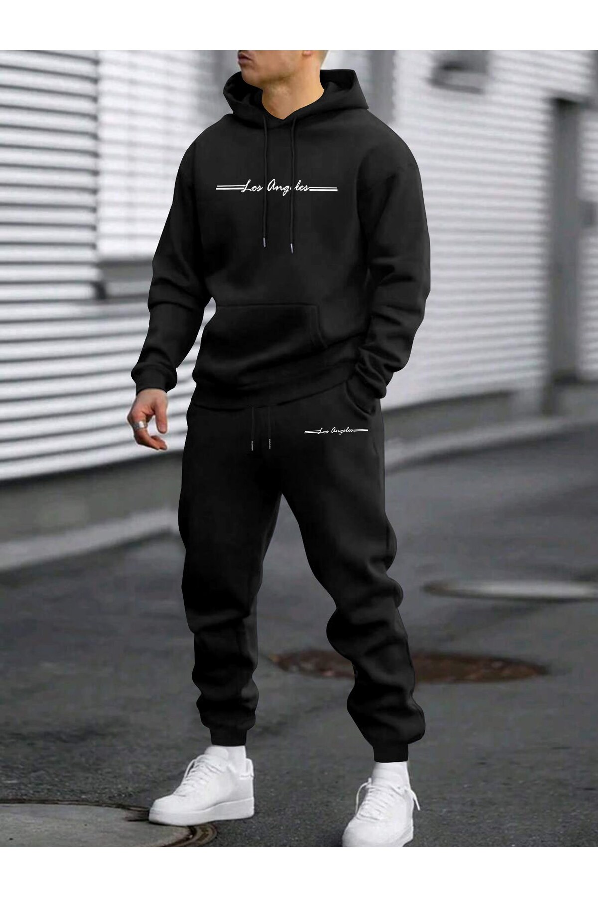 Unisex Oversize Los Angeles Hoodie & Jogger Tracksuit - Black