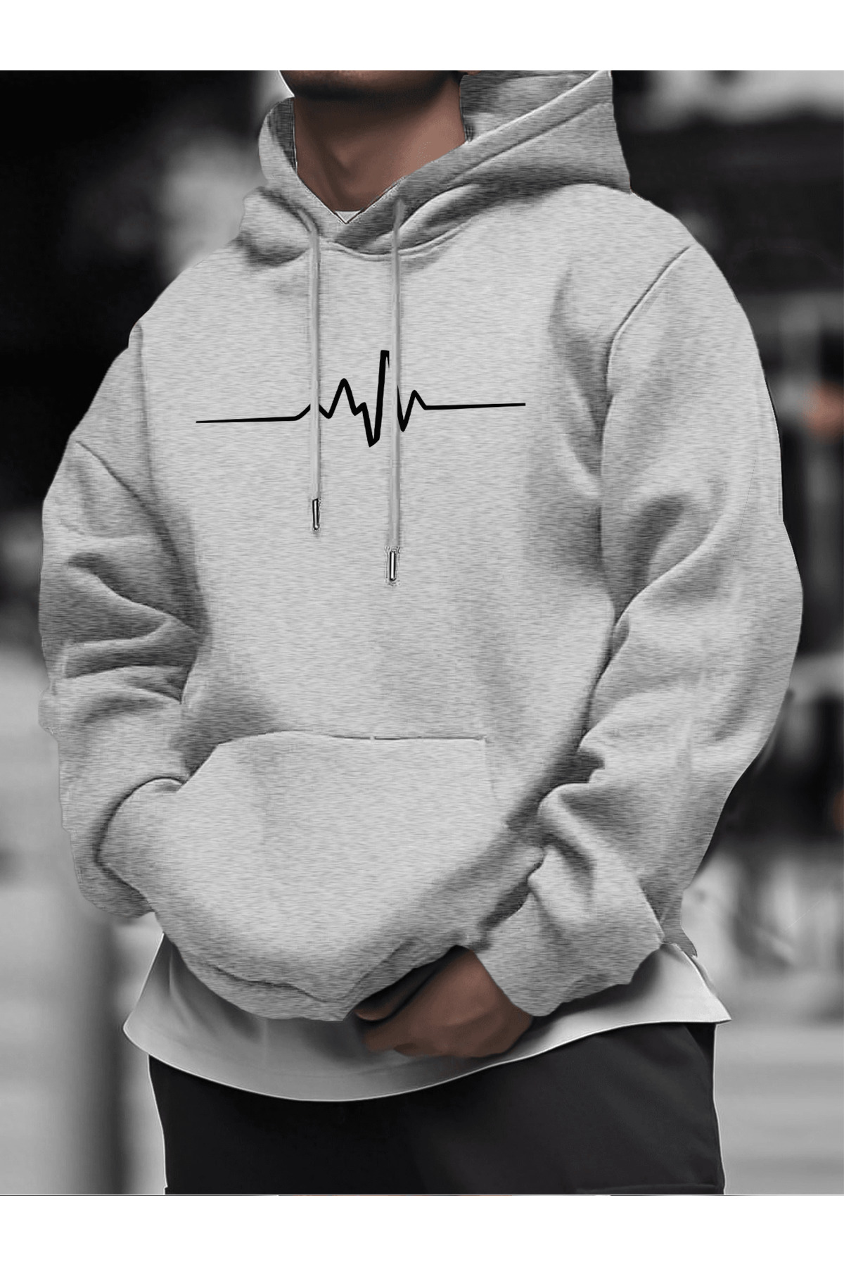 Unisex Oversize Kapüşonlu Sweatshirt Nabız Desenli - Gri