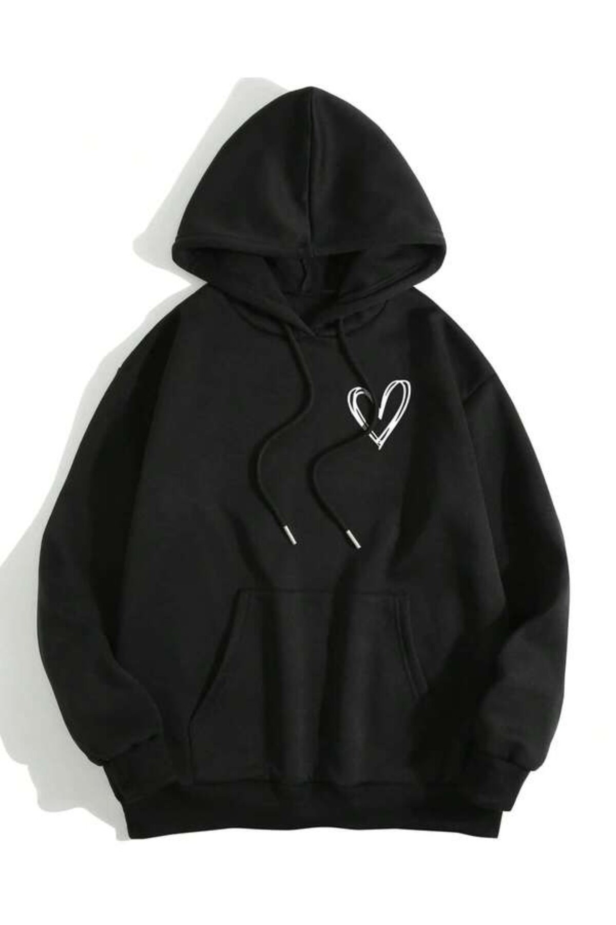 Minimal Kalp Baskılı Unisex Kapüşonlu Sweatshirt - Siyah - görsel 1