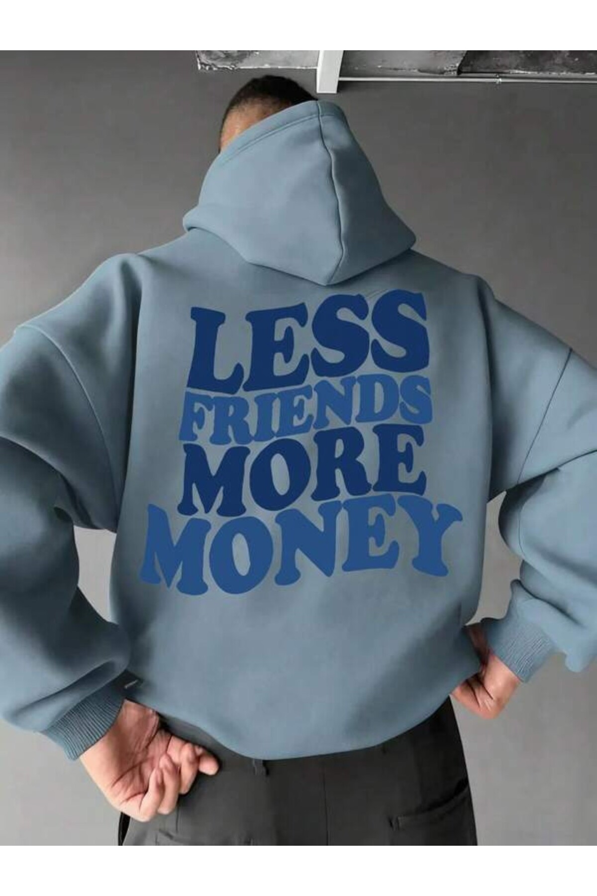 Less Friends More Money Yazı Baskılı Unisex Kapüşonlu Sweatshirt - Mavi