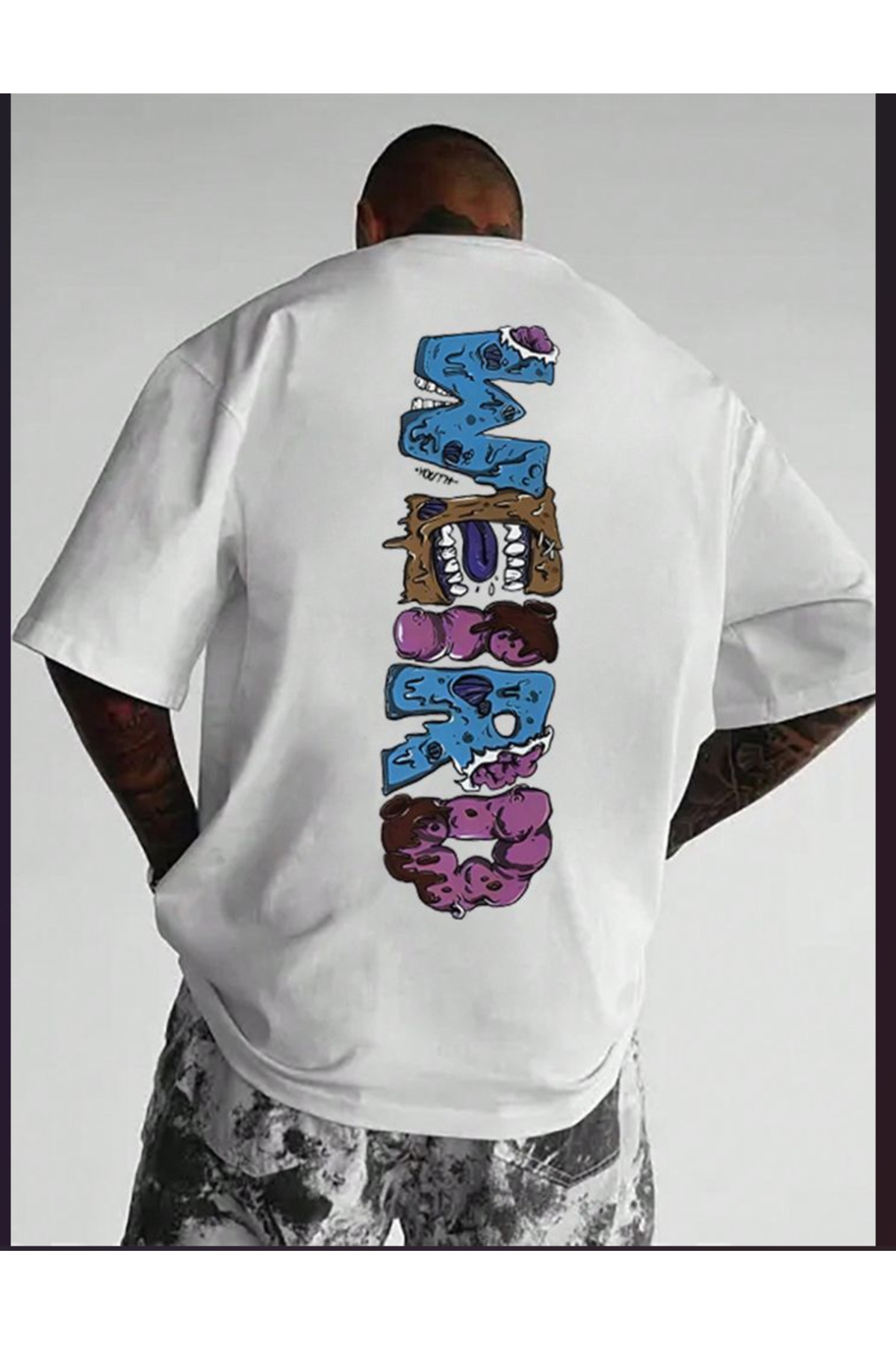 Unisex Oversize Baskılı Pamuklu Bisiklet Yaka Kısa Kollu T-shirt - Beyaz