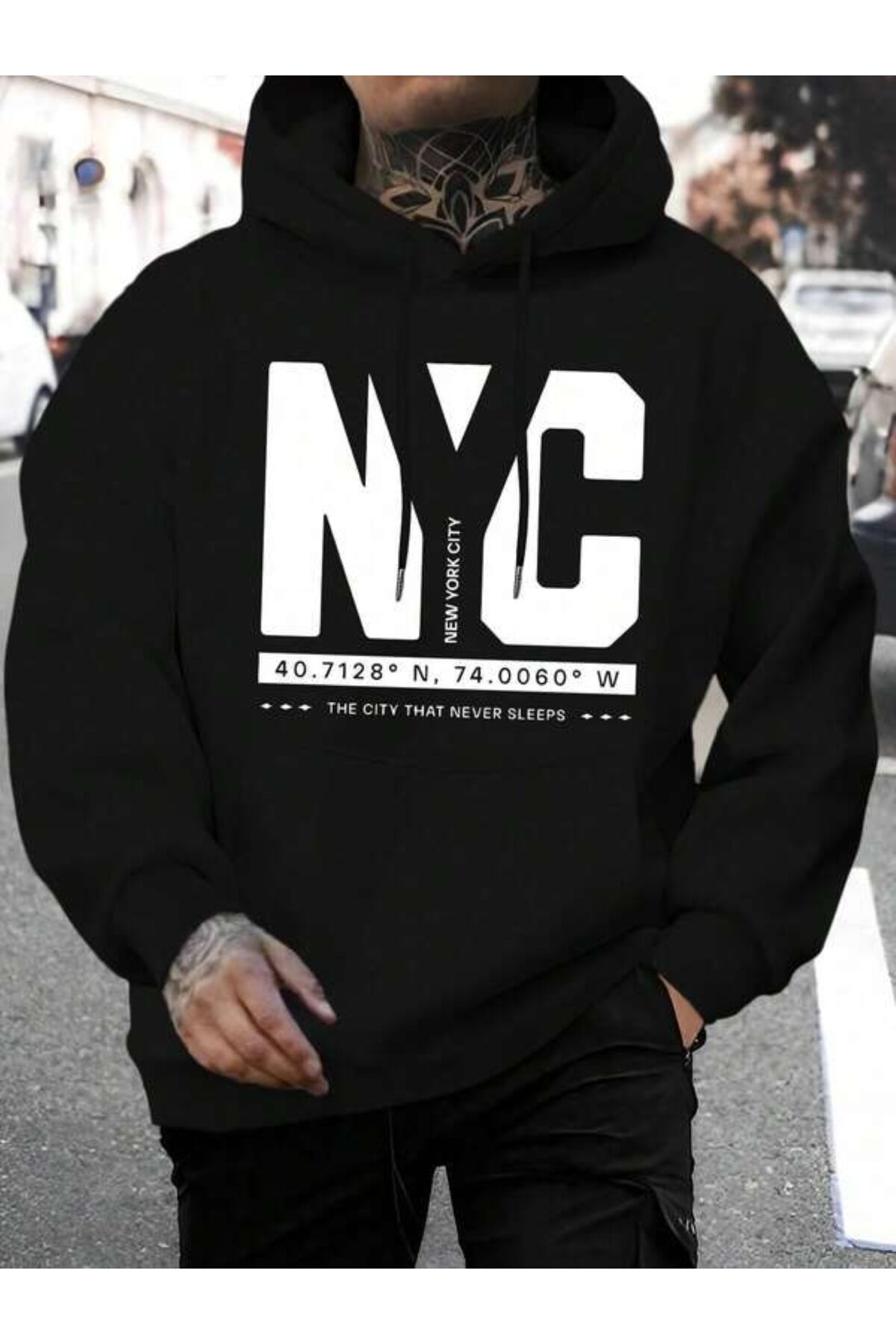 NYC Koordinat Baskılı Unisex Kapüşonlu Sweatshirt - Siyah