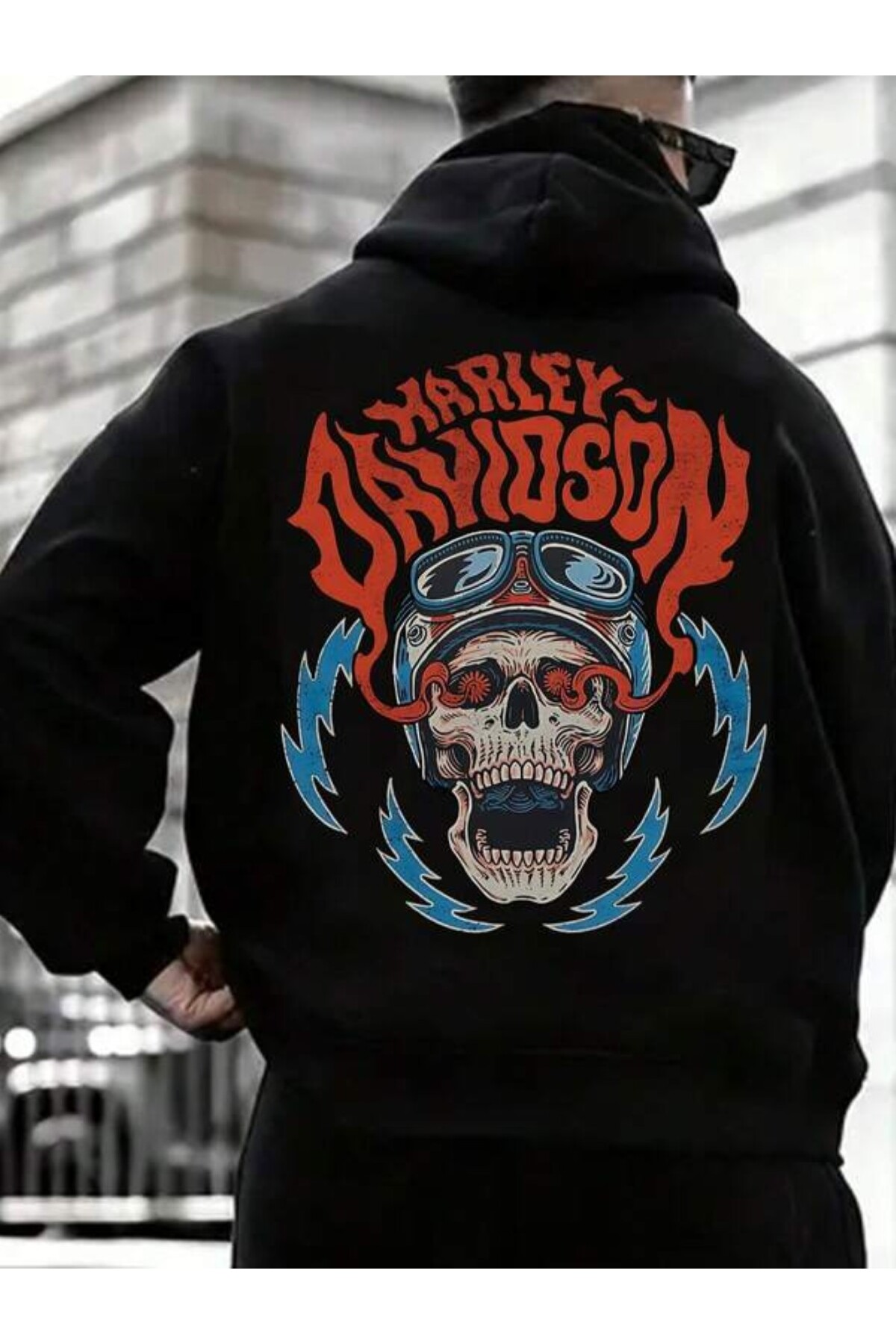 Skull Motorcycle Print Unisex Hooded Sweatshirt - Black