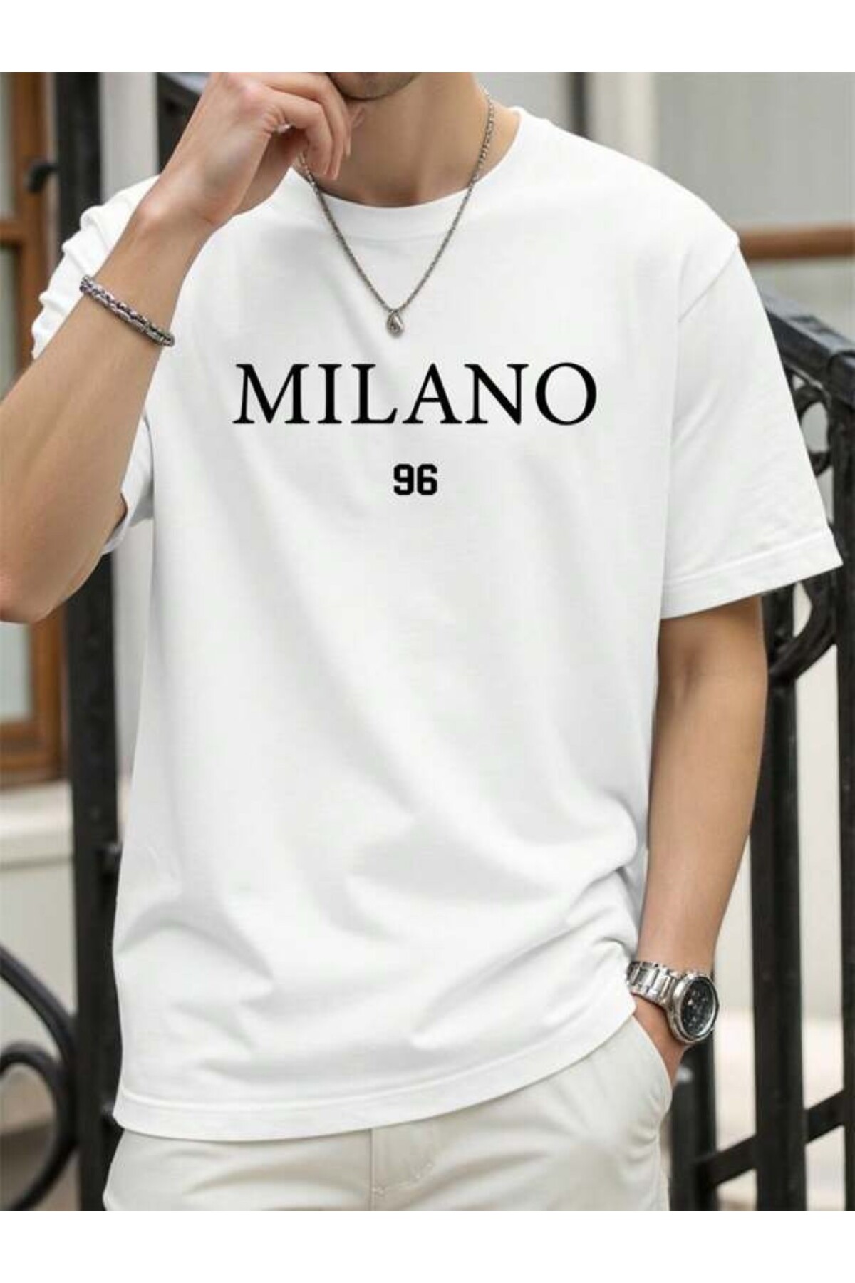تيشيرت للجنسين بطبعة Milano 96 - أبيض