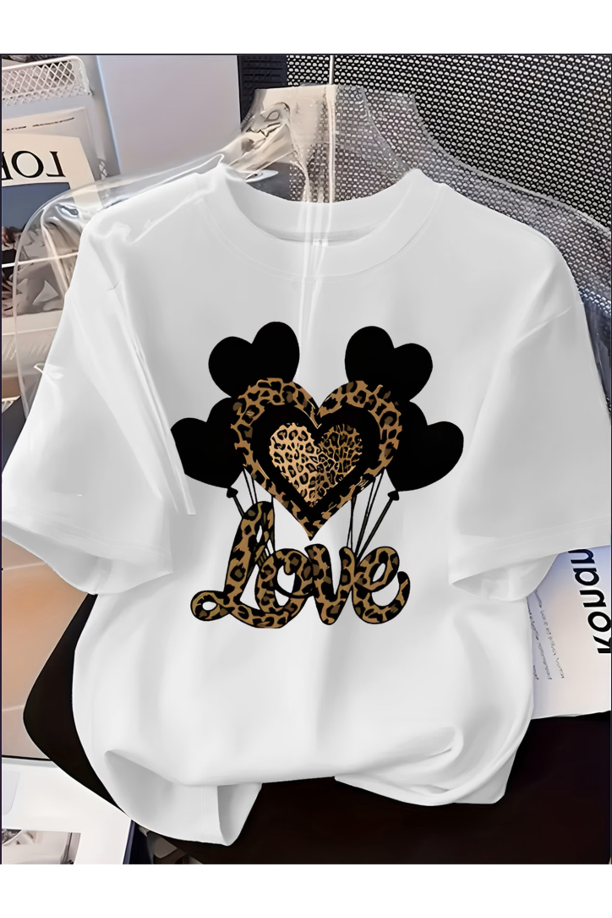 LOVE Baskılı Oversize Bisiklet Yaka T-Shirt - Beyaz