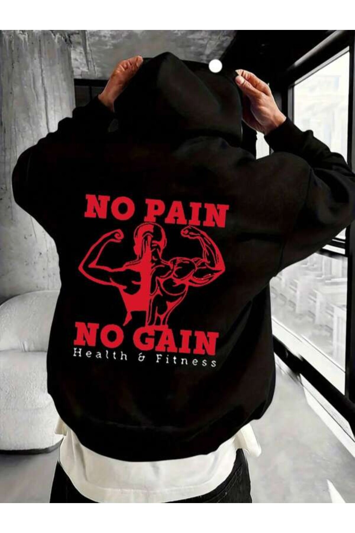 No Pain No Gain Fitness Baskılı Unisex Kapüşonlu Sweatshirt - Siyah
