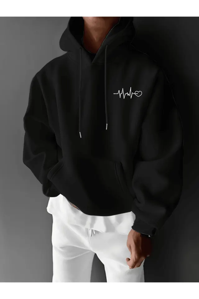 Unisex Oversize Kapüşonlu Sweatshirt Kalp Ritmi Desenli - Siyah