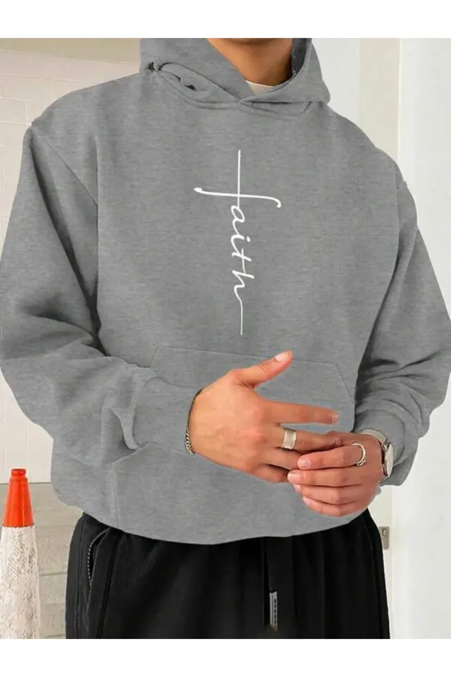 Faith Yazılı Minimal Unisex Hoodie - Gri