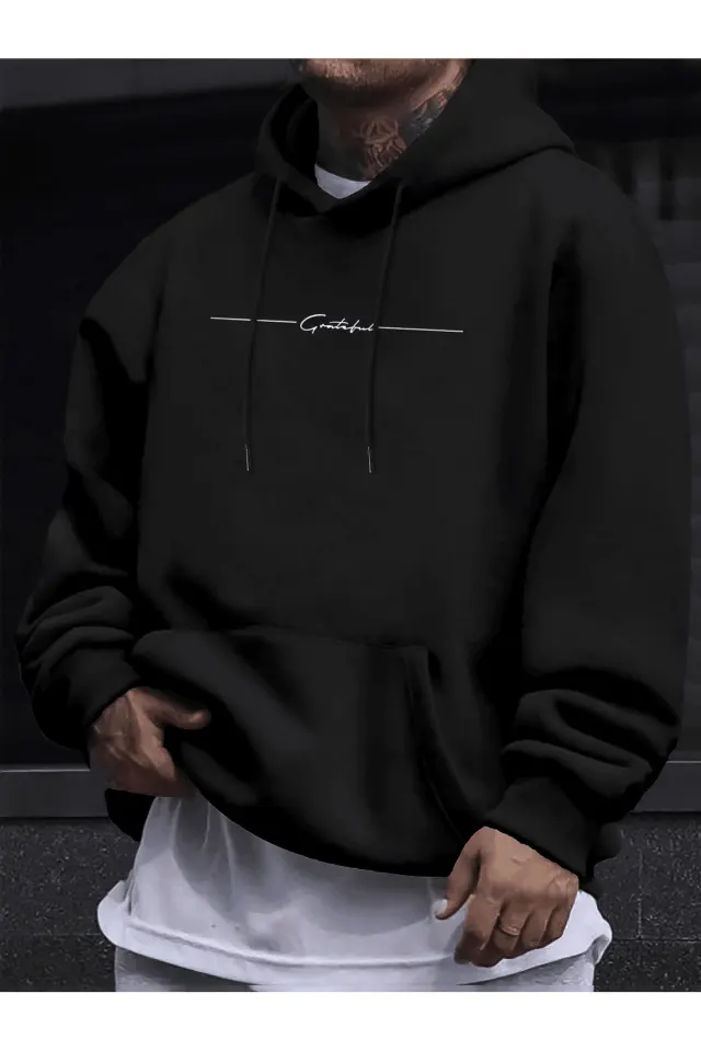 Unisex Oversize Kapüşonlu Sweatshirt Grateful Yazılı - Siyah